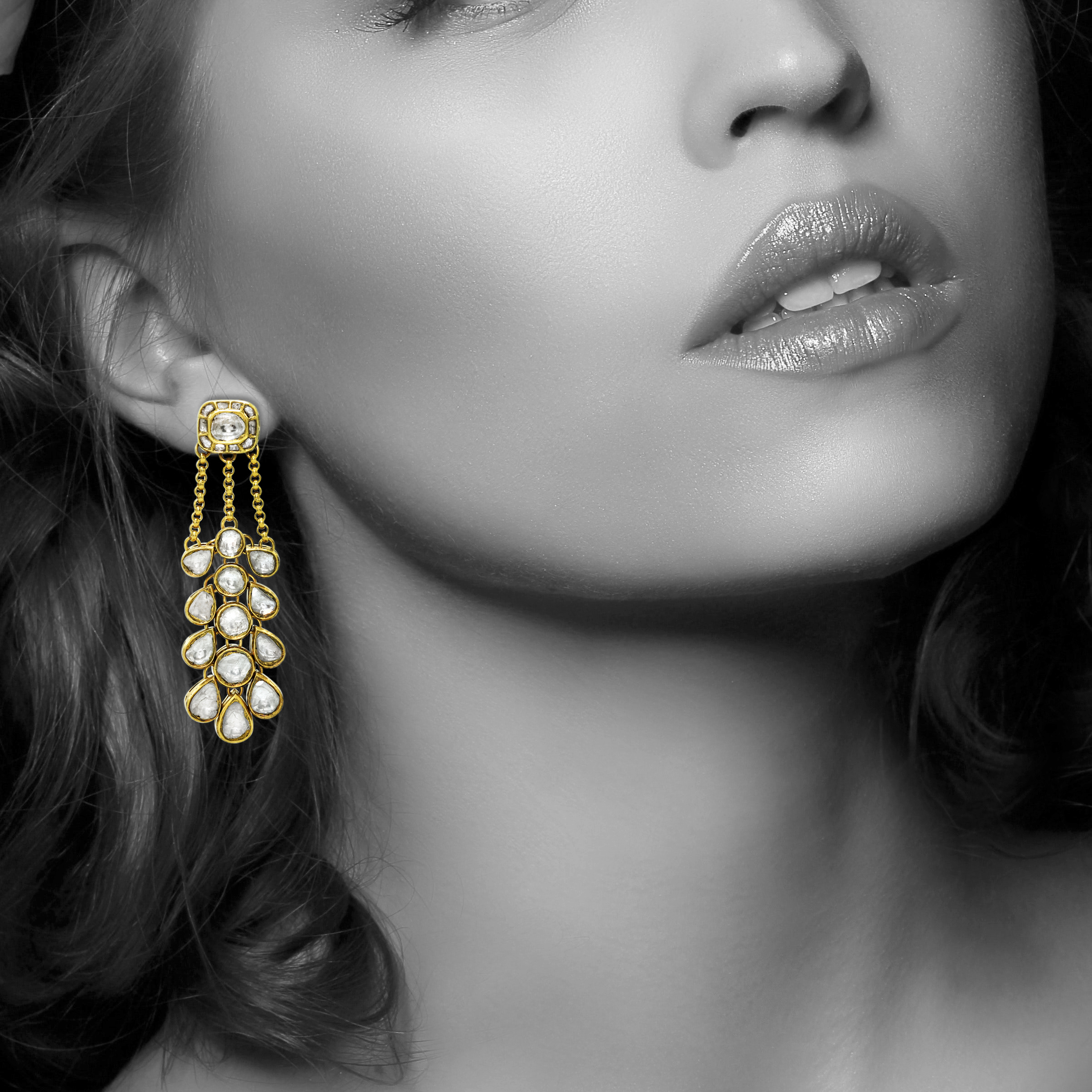 Cascading Polki Earrings with Teardrop Rows and Chain Links